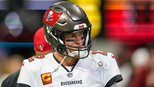 Buccaneers quarterback Tom Brady (12) shown on the field prior to the game against the Falcons.